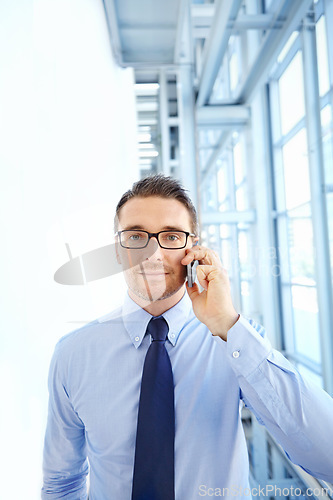 Image of Corporate, portrait or businessman for phone call for communication, networking or contact in office building. Airport, travel or manager with smartphone for discussion, schedule or conversation