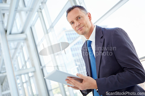 Image of Portrait, planning or business man on tablet for invest strategy, finance growth or financial review. Networking manager in office building for social network, data analysis or economy data research