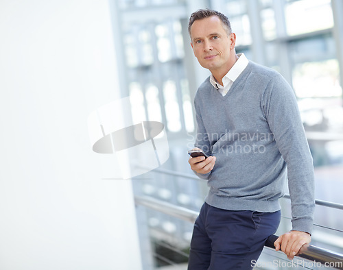 Image of Portrait, corporate or business man with phone in airport for invest strategy, finance growth or financial review. CEO or travel manager on smartphone planning, data analysis or economy data research