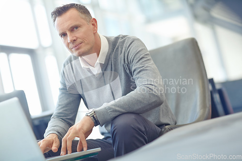 Image of Airport lounge, portrait and business man typing review of financial portfolio, stock market database or investment. Economy, travel or crypto trader working on forex, bitcoin mining or nft trading