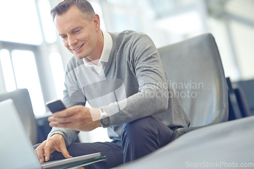 Image of Travel, phone or business man with laptop for invest strategy, finance growth or financial review. CEO, airport or corporate manager with smartphone for planning, data analysis or economy investment