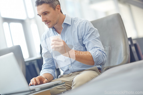 Image of Laptop, corporate or business man with coffee for invest strategy, finance growth or financial success. CEO, tech or manager in airport lobby planning, data analysis or economy data analytics review