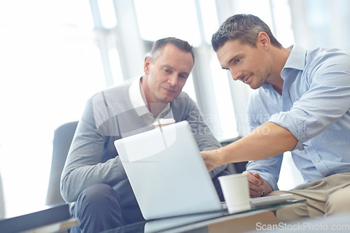 Image of Laptop, review and businessman with client collaboration, teamwork and strategy for company finance. Corporate businessman with partner consulting, reading feedback on ideas for website, budget quote