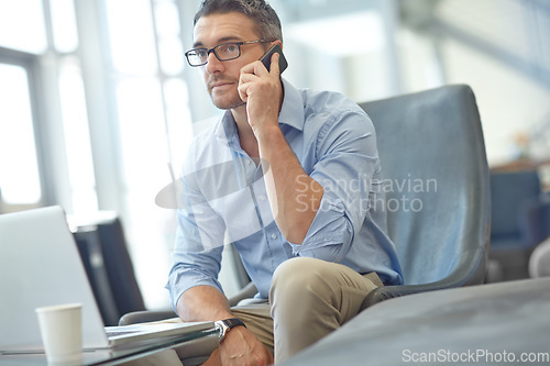 Image of Phone call, corporate and business man in airport for networking, communication or b2b negotiation in commute. Travel, laptop and mature manager talking on smartphone for collaboration deals idea