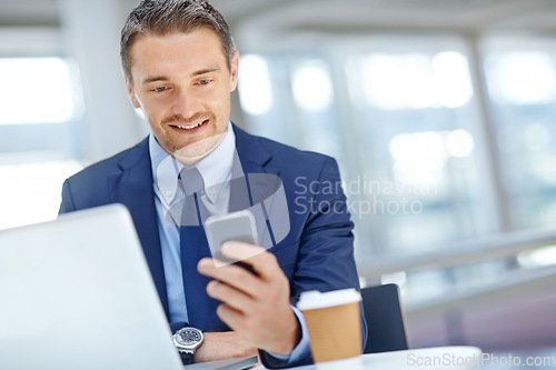Image of Happy, corporate or businessman with phone for success invest strategy, finance growth or financial review. Website, smile or manager in office for social media, data analysis or economy research