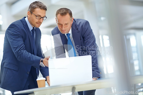 Image of Business people or manager on laptop review data analytics with support, analysis and startup strategy for finance or budget. Corporate businessman and worker feedback on about us or faq information