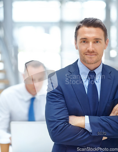 Image of Office, manager and portrait of business man leadership, mentor or CEO working in trading, stock market or investment agency. Finance economy broker, male worker and confident trader employee