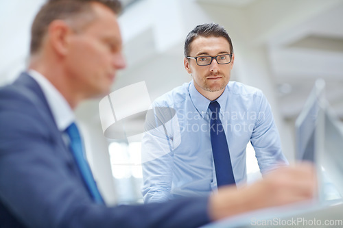 Image of Office portrait, finance team and businessman review digital financial portfolio, stock market database or investment. Economy, research and crypto trader work on forex, bitcoin mining or nft trading