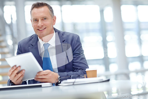 Image of Happy, corporate or business man with tablet for invest strategy, finance growth or financial success. CEO, tech or manager in office building planning, data analysis or economy technology review