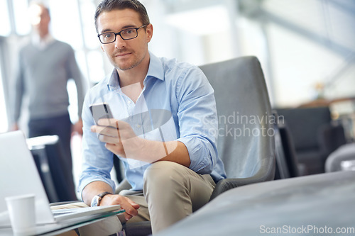 Image of Portrait, corporate and businessman on phone in airport for networking, communication and flight travel check. Mature worker, employee and corporate person on mobile technology in business lounge