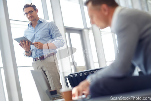 Image of Tablet, corporate or business man portrait in lobby for invest strategy, finance growth or financial success. CEO, tech or manager in office planning, data analysis or economy data analytics review