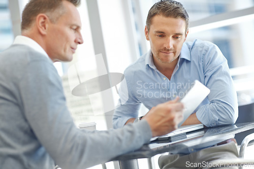 Image of Corporate data analytics review or businessman with tablet in office building for communication, networking or economy blog news. Thinking, teamwork or manager with tech for global tax audit research