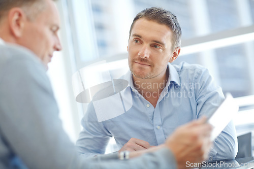 Image of Teamwork, thinking or corporate businessman with tablet in meeting planning invest networking idea or economy news. Focus, employee or manager with tech for data analytics, website search or email