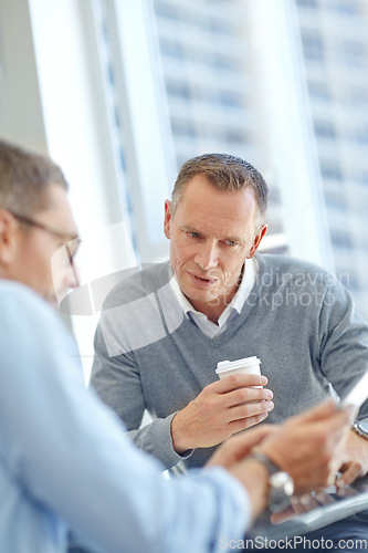 Image of Teamwork, planning and business people with tablet for company growth, talking and financial review. Research, coffee or corporate employee men in office for collaboration on digital technology