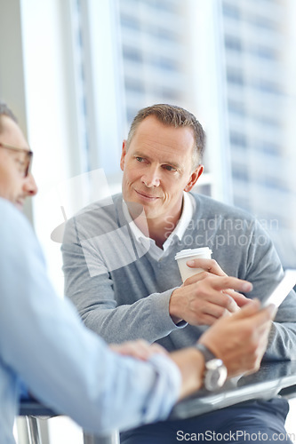 Image of Teamwork, consulting or business people with tablet for company growth, finance or financial review. Research, coffee or employee on office technology for investment proposal, questions or planning