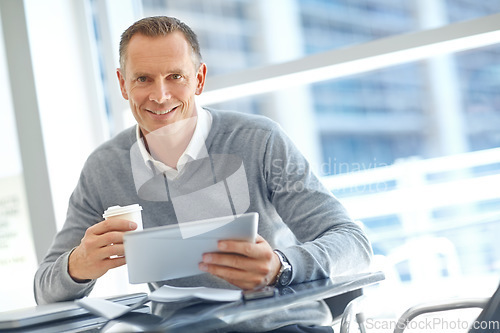 Image of Happy, corporate or businessman with tablet for investment research, finance or financial growth review. Mature ceo, manager or leader with technology for office planning, management or accounting
