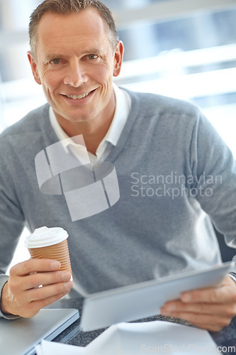 Image of Businessman, portrait and tablet in coffee break for company management, planning and research. Smile, happy and mature ceo, manager or boss with digital technology, takeaway cup and tea in office