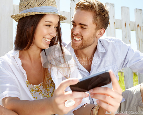 Image of Happy couple, bonding or smartphone in travel location, holiday vacation or Italy destination break. Smile, man or woman on mobile photography technology for social media, profile picture or vlogging