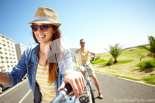 Image of Love, bicycle travel and couple cycling, happy and enjoy outdoor time together, bond and fun romantic date. Mockup, freedom and bike transport journey for man and woman on summer holiday in Portugal