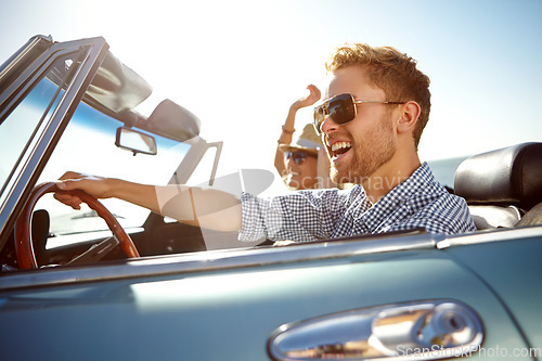 Image of Car road trip, travel and fun happy couple on bonding holiday adventure, transportation journey or summer vacation. Love flare, convertible automobile driver and man and woman driving on Canada tour