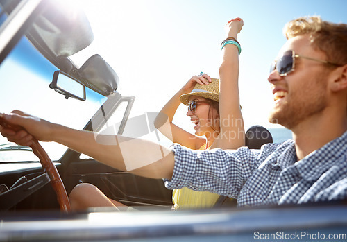 Image of Travel, car road trip and profile couple on bonding holiday adventure, transportation journey or fun summer vacation. Love flare, convertible automobile and happy driver driving on Canada countryside