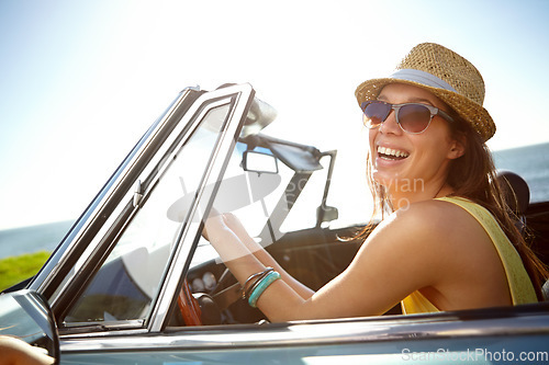 Image of Travel, road trip and woman in car for holiday, summer adventure and freedom on vacation by ocean. Travelling lifestyle, happiness and girl driving in motor vehicle for relaxing, break and journey