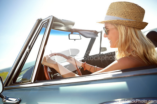 Image of Travel, road trip and woman in car for adventure, summer holiday and freedom on vacation by ocean. Travelling lifestyle, happiness and girl driving in motor vehicle for relaxing, break and journey