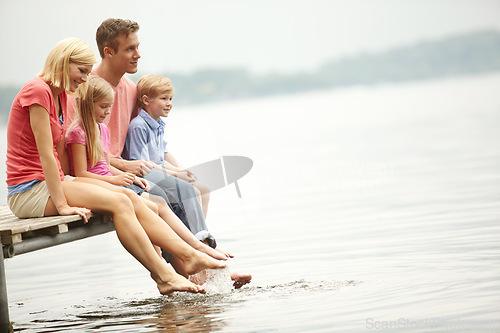 Image of Water, lake and holiday with family with foot in water for lifestyle with mockup during summer. Kids, child and happy at river for adventure and space for vacation with sunshine for love and travel.