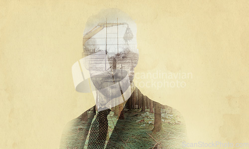 Image of Business man, city development double exposure and thinking employee with art deco overlay. Corporate, old school and professional worker with ideas of person with skyline and black and white effect