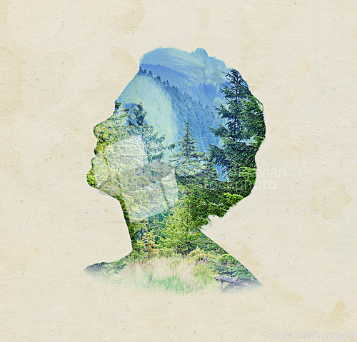 Image of Woman, face and double exposure with nature, forest or ideas for adventure, sustainability and mountains. Girl, brainstorming and vision with holographic overlay with trees, creativity or countryside