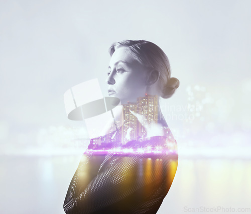 Image of Woman, city and night with double exposure, vision and fashion for fancy event, water and freedom. Girl, thinking and holographic overlay with buildings, skyline and bokeh light by urban cityscape