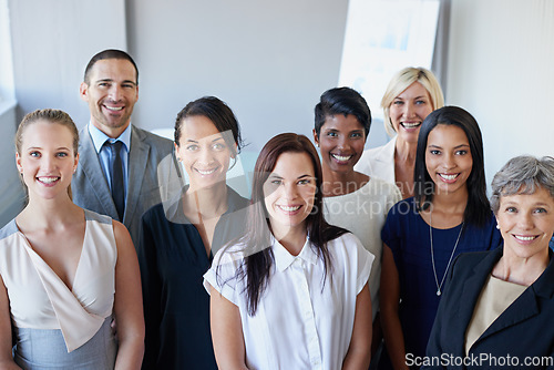Image of Business people, teamwork and portrait for office leadership, career management and diversity in workplace or company. Smile on faces of employees, women or men together for group, team and mindset