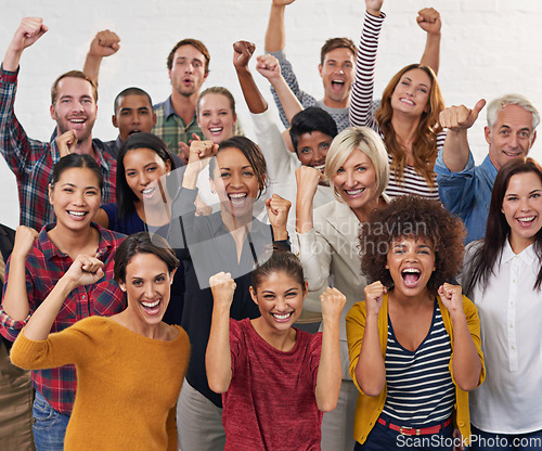 Image of Winning, portrait and group of people fist pump for power, celebration and hands in solidarity and diversity. Community, success and excited business women and men cheers, celebrate and yes together