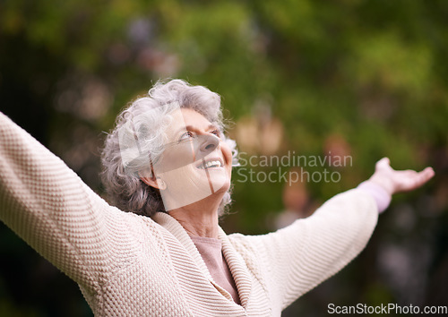 Image of Senior woman, happiness and open arms to enjoy outdoors, nature or garden in financial freedom, success or life achievement. Retired lady, healthy or smiling pensioner stretching in retirement joy