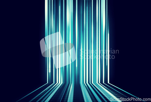 Image of Technology, abstract background and future or metaverse with lights, stream and speed. Digital, illustration or connection with network, sci fi or innovation for ai programming data or cybersecurity
