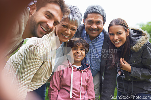 Image of Selfie, smile and faces of a big family in nature on an outdoor adventure, travel together in portrait. Happy, love and boy child taking picture with grandparents and parents on holiday or vacation