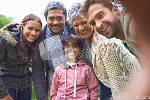 Image of Selfie, nature and portrait of happy big family faces on an outdoor adventure and travel together. Love, smile and boy child taking picture with his grandparents and parents on holiday or vacation.