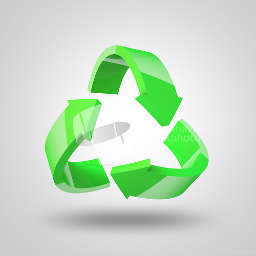 Image of Green, arrows and icon for recycling, ecology or sustainability to save the planet against a white studio background. Arrow forming triangle shape, graphic or symbol for reuse, reduce or recycle