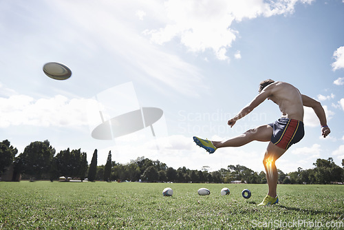 Image of Rugby, man and knee pain, injury on field with fitness and training for game, kicking ball and overlay. Male athlete with sports accident, health emergency and skeleton with inflammation and exercise
