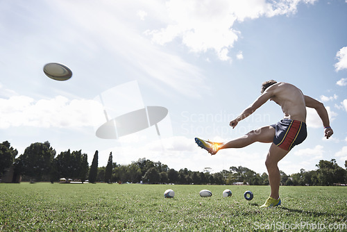 Image of Rugby, man and ankle pain, injury on field with fitness and train for game, kicking ball and overlay. Male athlete with sports accident, health emergency and skeleton with inflammation and exercise