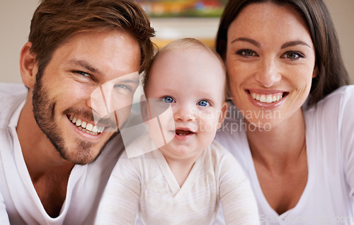 Image of Portrait, happy father and mother of baby for love, care and quality time together to relax at home. Face, smile and parents with newborn child for development, caring support and happiness of family