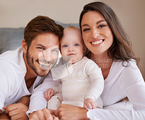 Image of Portrait, happy family and parents with baby for love, care and quality time to relax together in house. Mother, father and smile with cute infant kid for happiness, support and newborn development