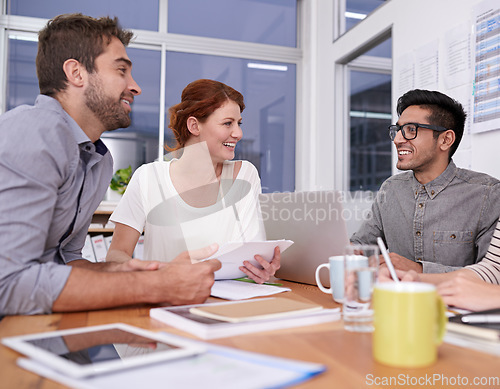 Image of Team in meeting, creative people with collaboration and project planning in conference room. Brainstorming, teamwork and strategy discussion in workplace with young men and women working together