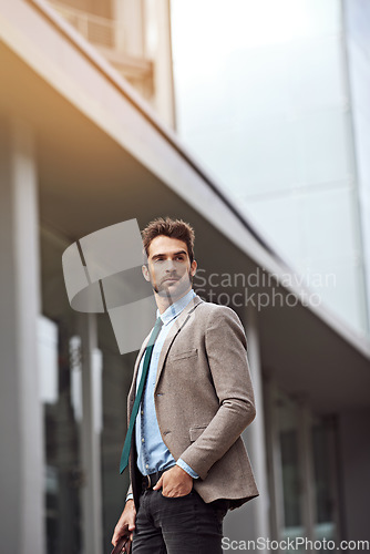 Image of Young, businessman and in urban city fashion near corporate company thinking about career path. Professional, man and model formal style for workplace at buildings with staff as manager downtown.