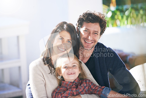 Image of Happy family in portrait, mother or father with child in backyard, relax or love and care in outdoor garden. People in nature with smile and woman, man with girl kid in quality time together in yard