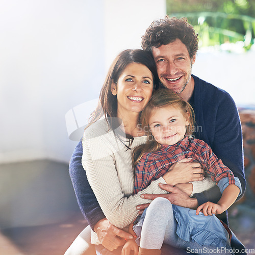 Image of Happy family hug in portrait, relax in backyard with mom and dad with kid with love and care outdoor. People embrace with smile, woman and man with girl child spending quality time together