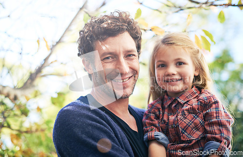 Image of Happy, nature and portrait of father and daughter in backyard garden for hugging, bonding or affectionate. Happiness, relax and smile with man and young girl in outdoors for embrace, autumn or care