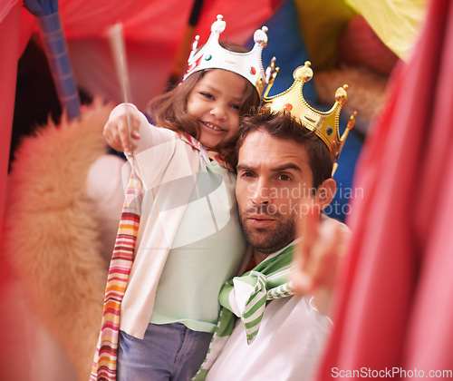 Image of Princess play, dad portrait and kid fun in a bedroom fort with costume, girl and king dad together. Castle, happiness and smile with father and child in a home feeling excited and happy about a game