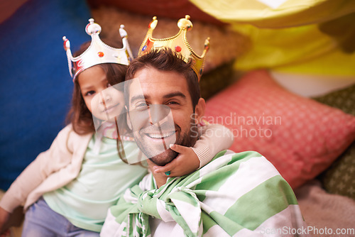 Image of Crown, dress up and dad with princess fun in a bedroom fort with costume, girl and papa together. Play castle, happiness and smile with father and child in a home excited and happy about a game