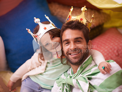 Image of Young kid, dress up portrait and dad with princess fun in a bedroom fort with costume, girl and papa. Play castle, happiness and smile with father and child in a home excited and happy about a game